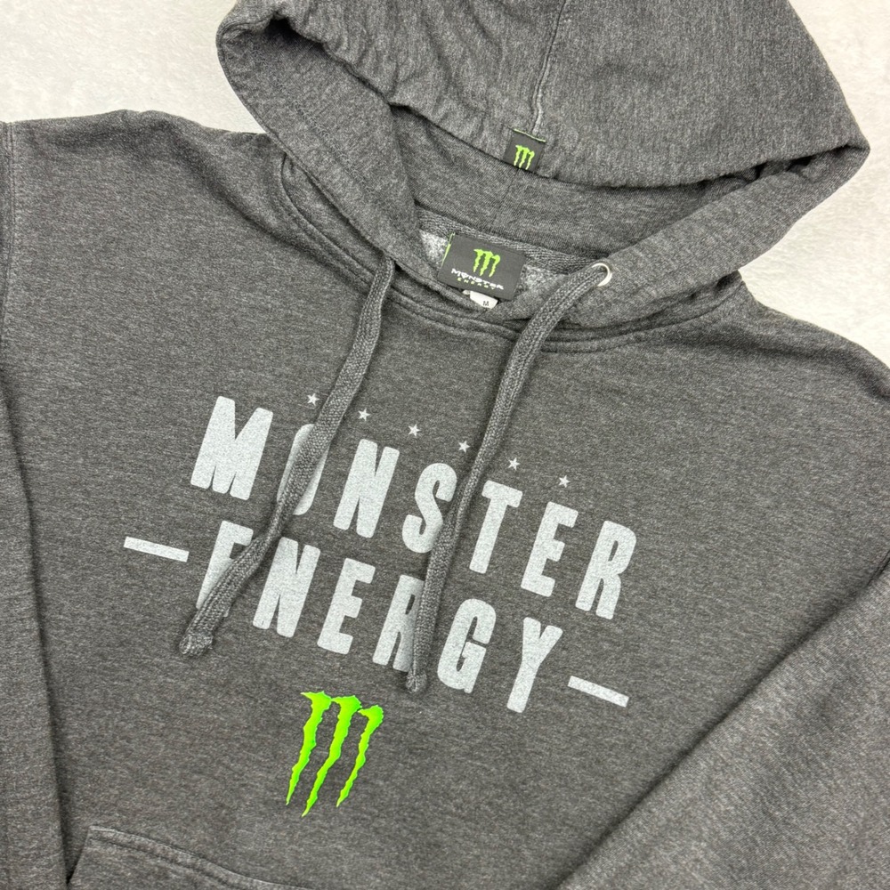Monster Energy Y2K Mens Hoodie Charcoal Gray Fleece Pullover Sweatshirt Size M